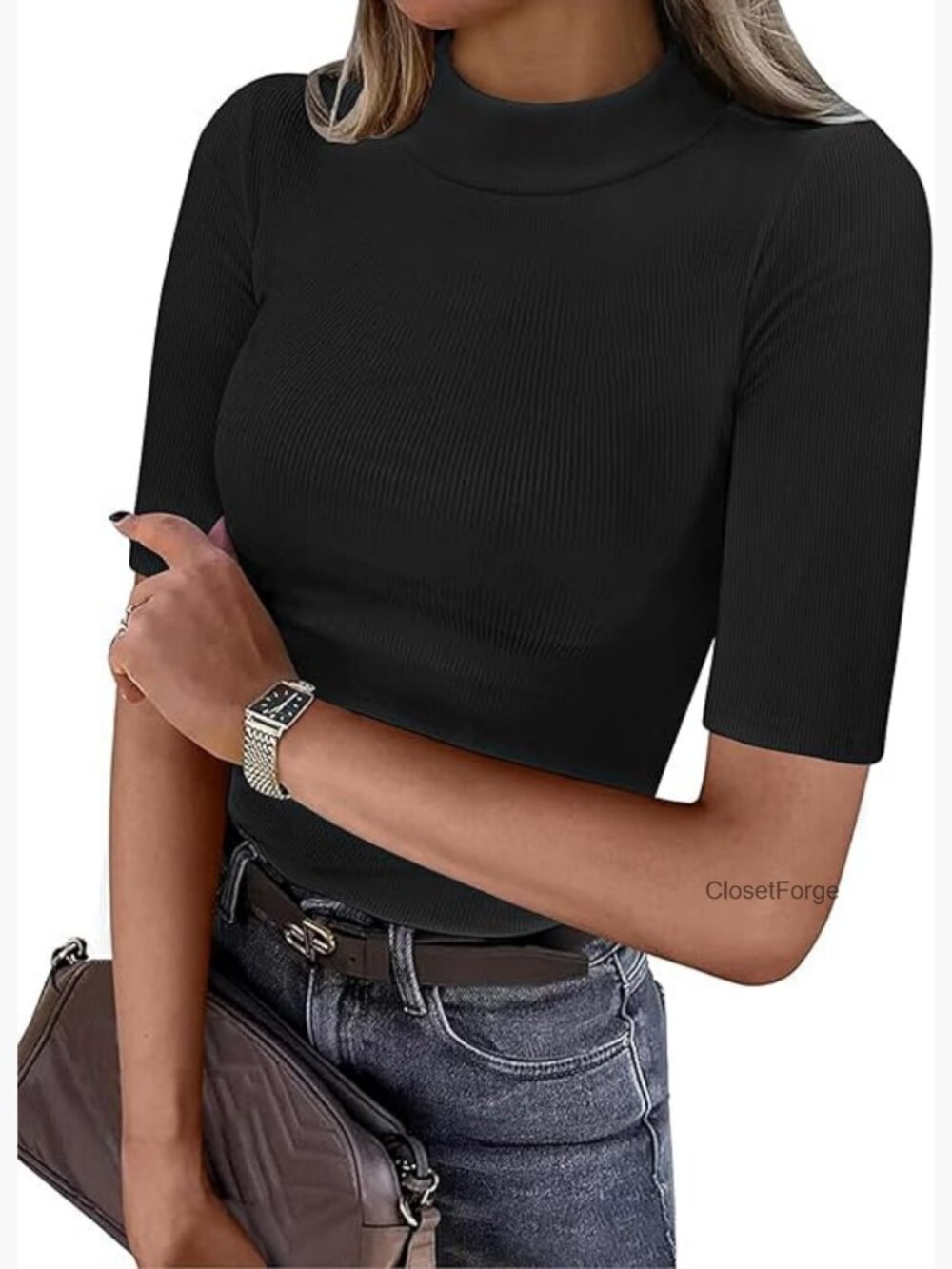 Ribbed Mock Neck Half Sleeve Top - Soft Stretchy Casual Office Tee